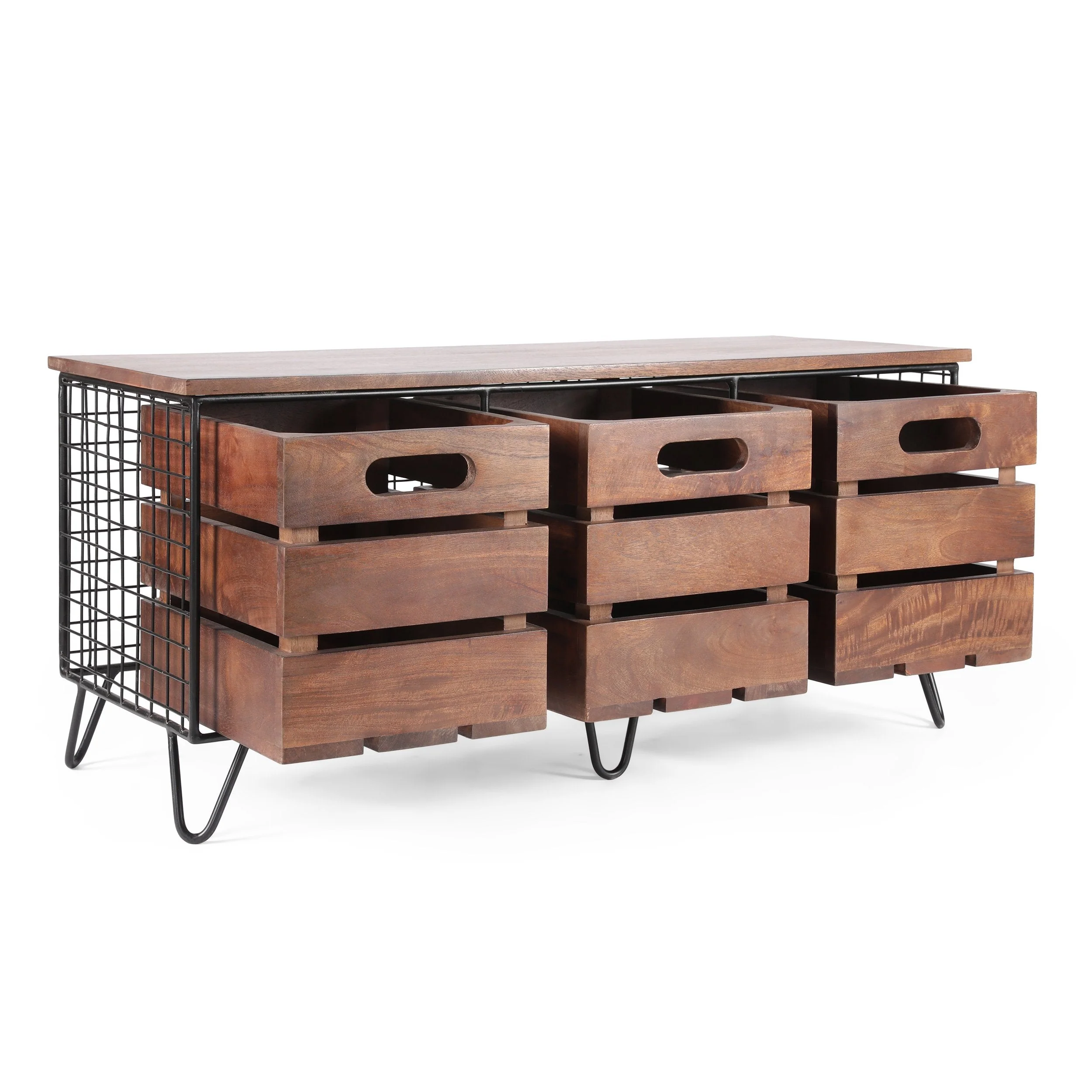 Modern Industrial Handcrafted Mango Wood Storage Bench with Drawers, Cafe Brown and Black - NH823413