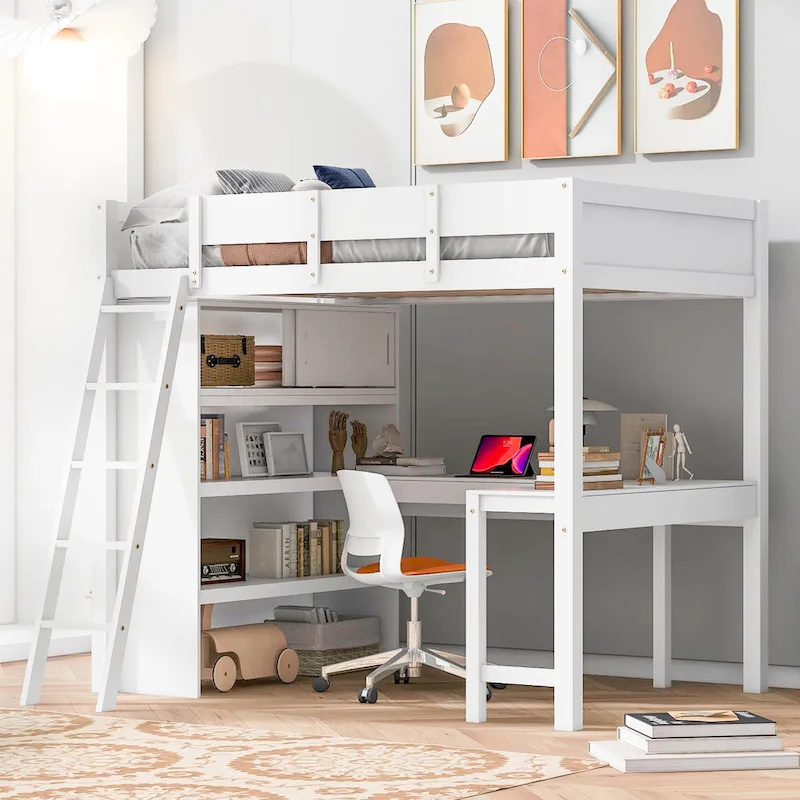 Gray / White Pine Wood Full Loft Bed with Desk, Bookshelf and Storage Shelves – 1-Person