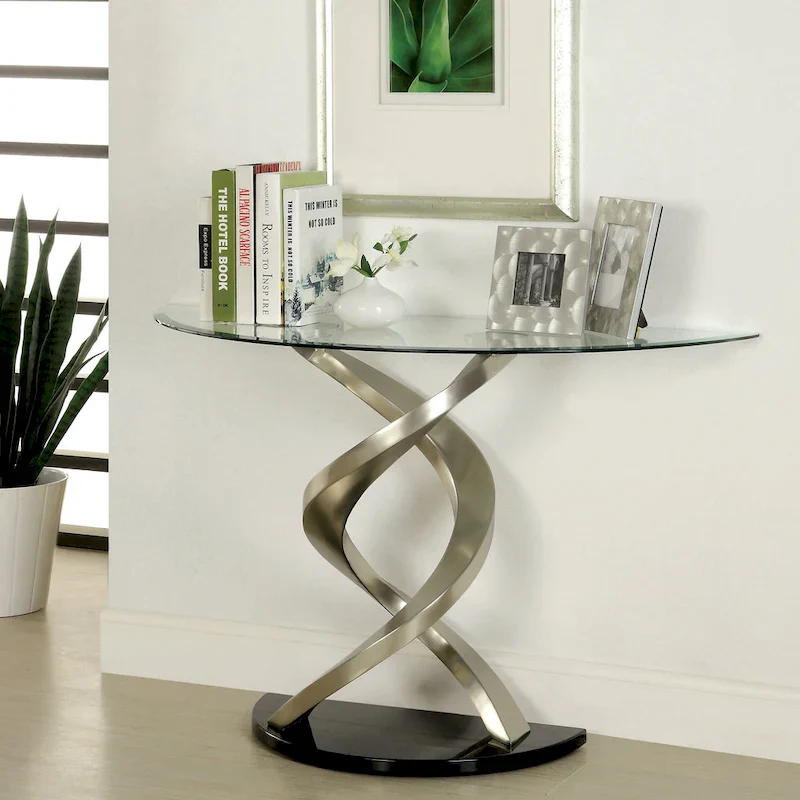 Satin Plated Half-Moon Glass Top Sofa Table
