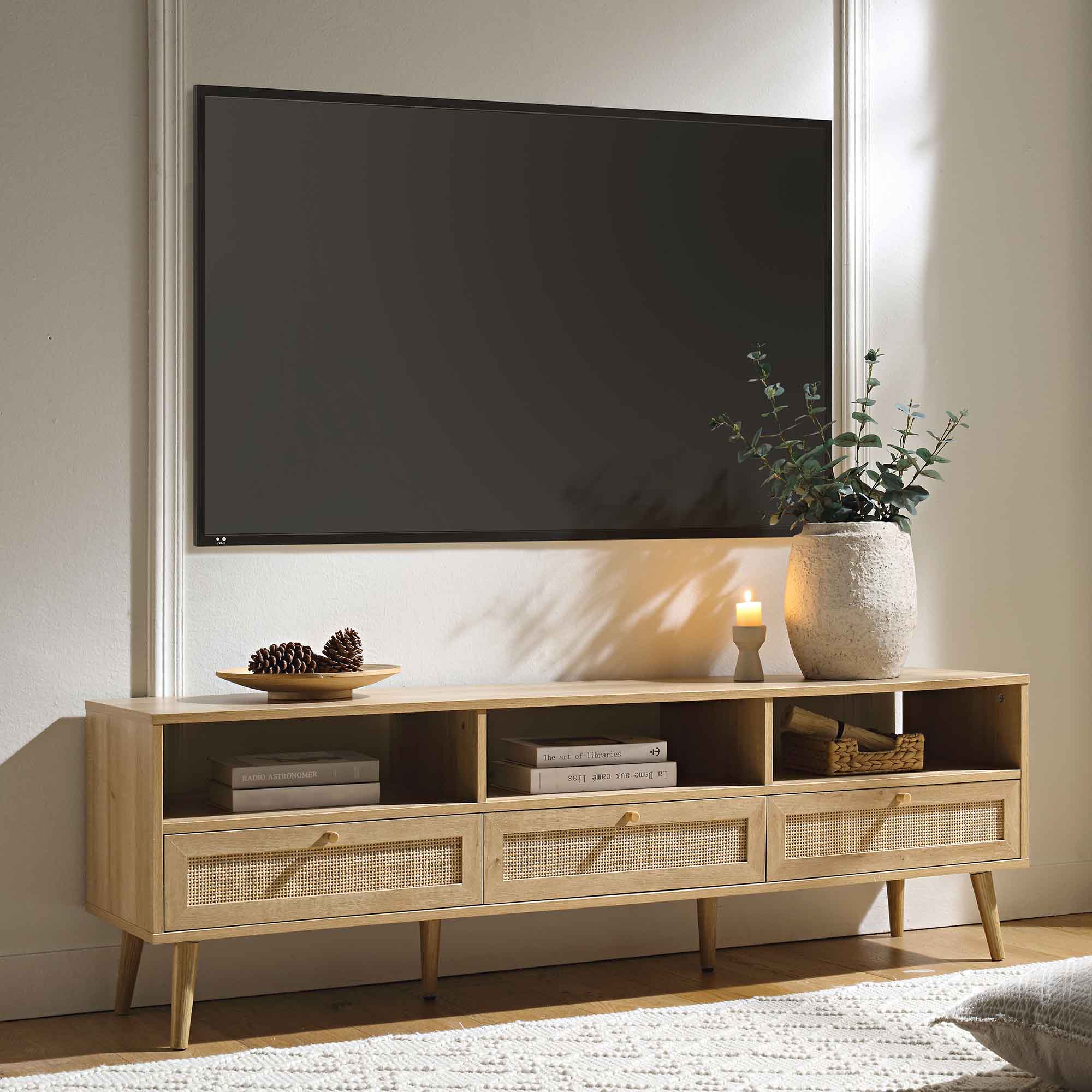 Woven Rattan 63 in. 3-Drawer TV Unit, Natural