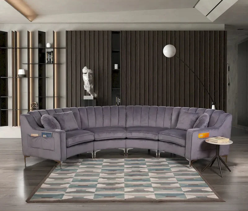 Blue / Cream / Grey Velvet Round Sectional Sofa, 4-Seat