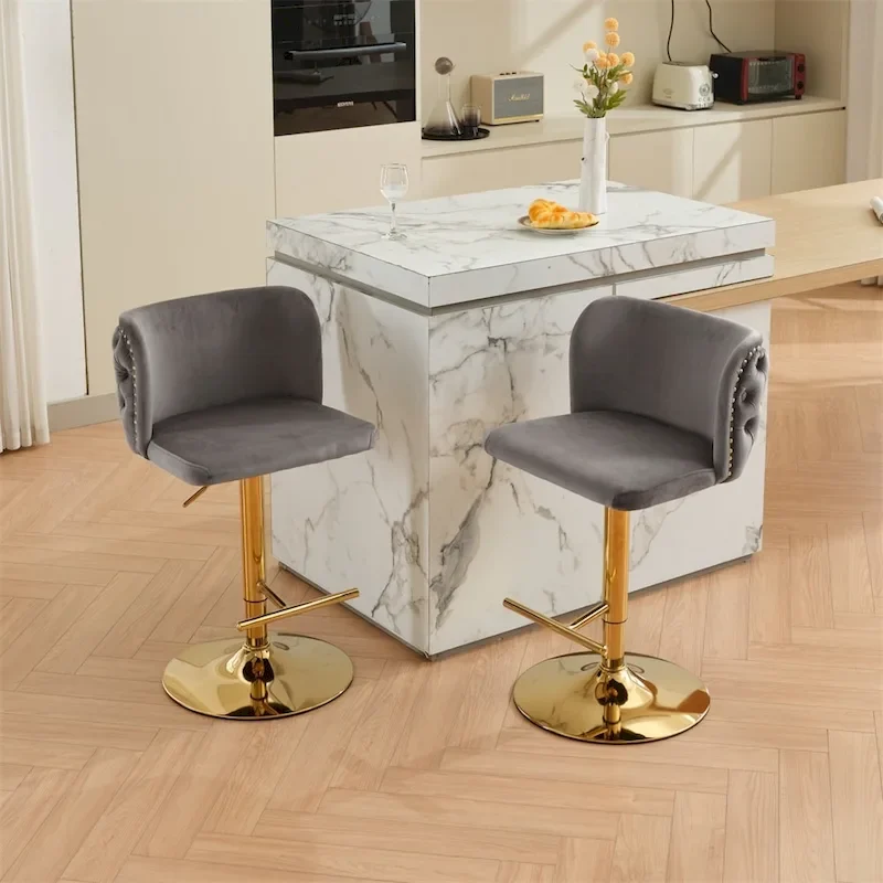 Beige/Black/Grey Upholstered Swivel Bar Stools, Adjustable Height, Set of 2