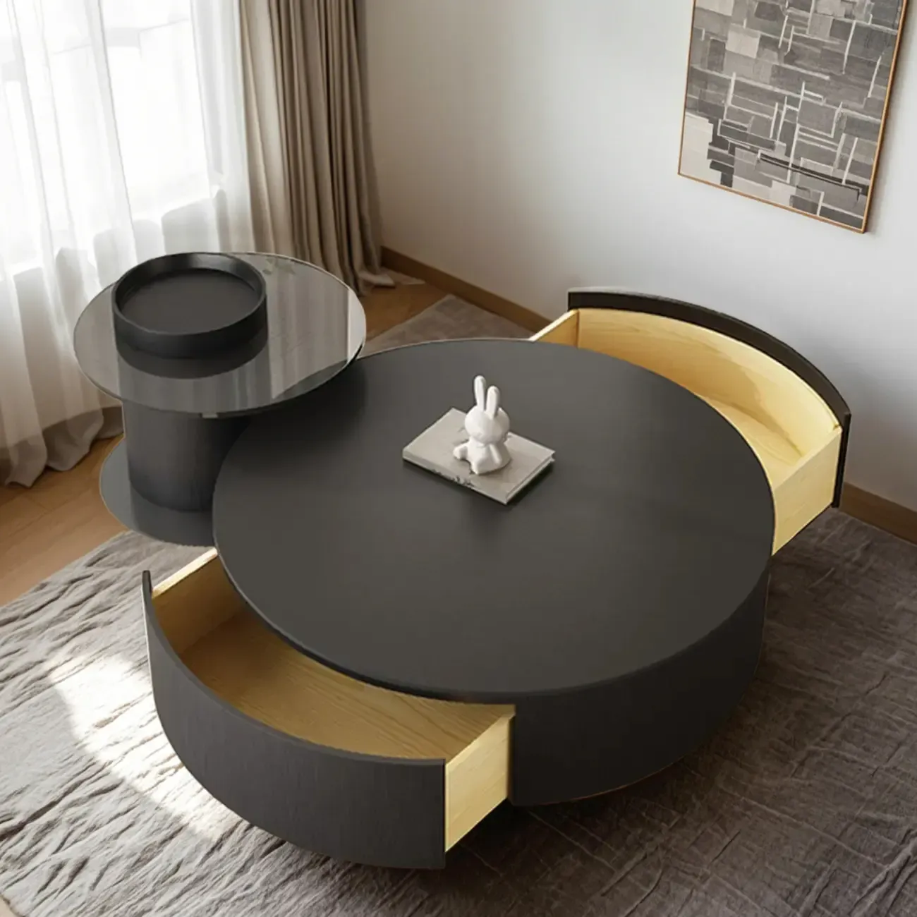 Black Modern Sleek Nesting Round Wood Drawer Coffee Table