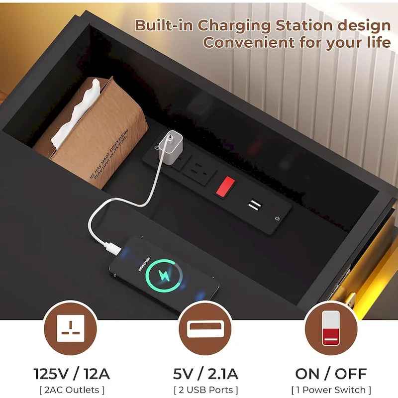 Bedroom Nightstand with Charging Station and LED Lights Sliding Top