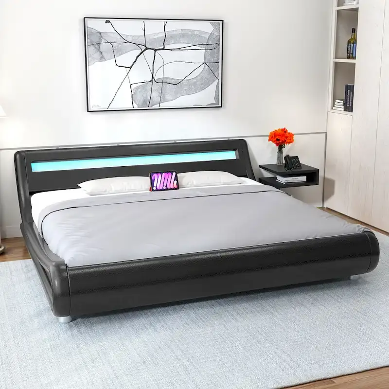 King Size PU Upholstered LED Bed Frame, Black