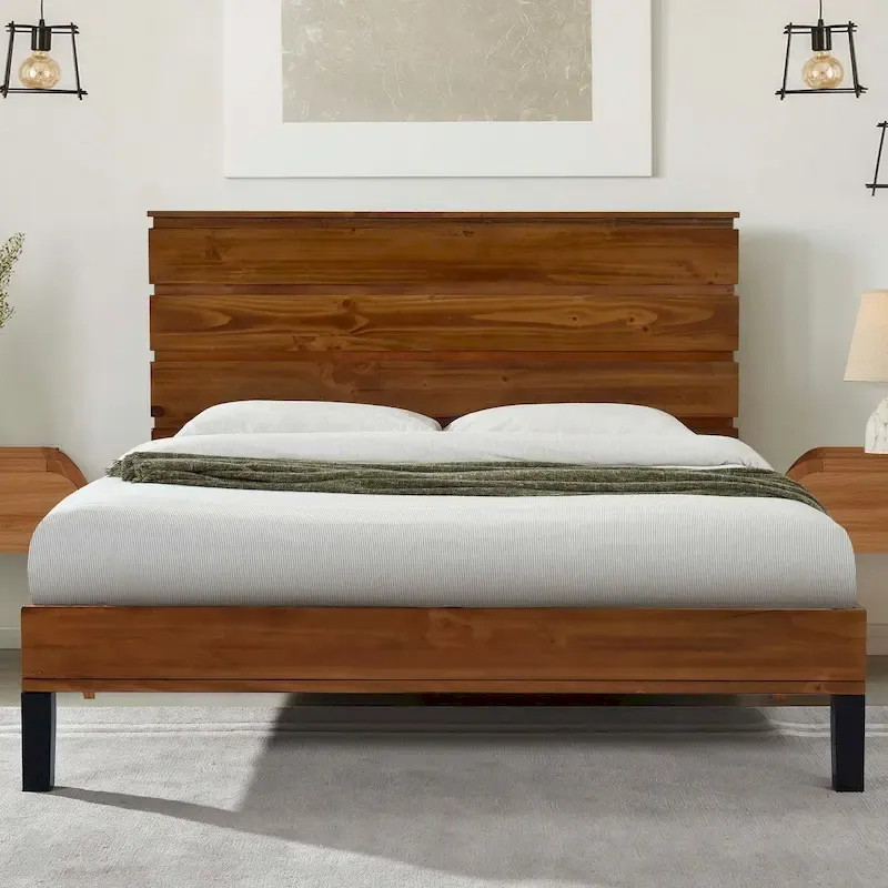 Queen Size Solid Wood Platform Bed with Six-Piece Headboard