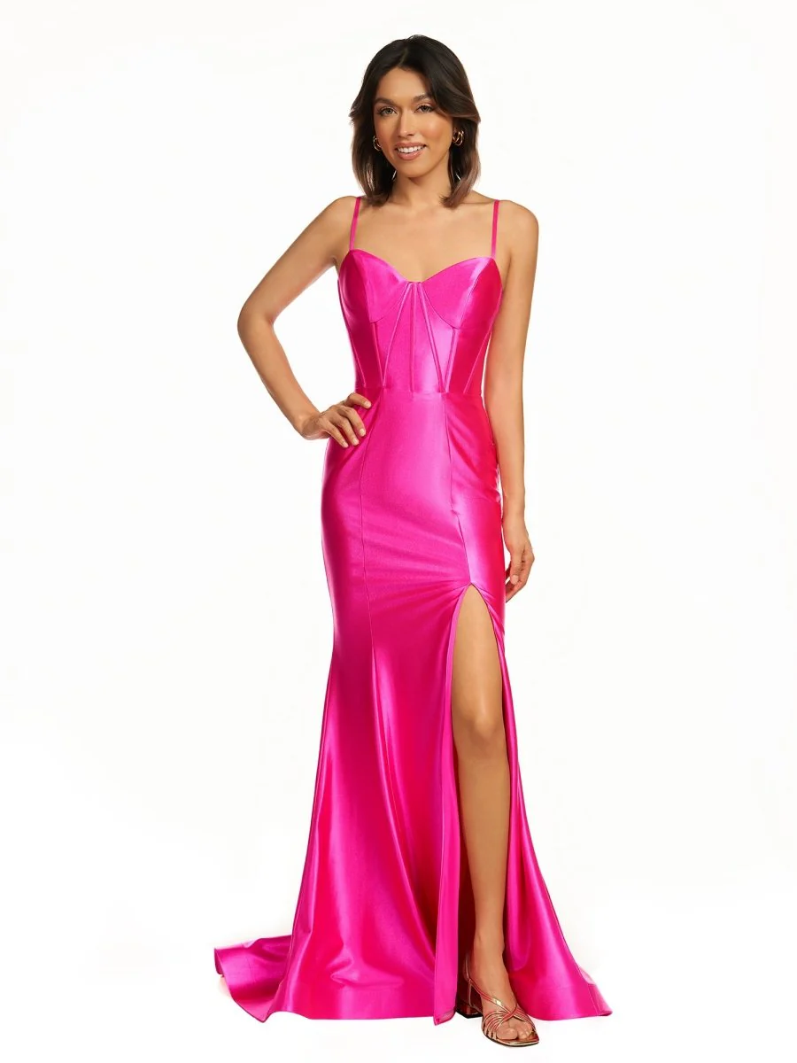 Hot Pink Satin Simple Mermaid Prom Dress