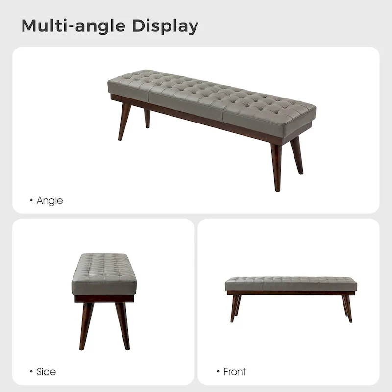 Genuine Leather Tufted Bench with Solid Wood Base