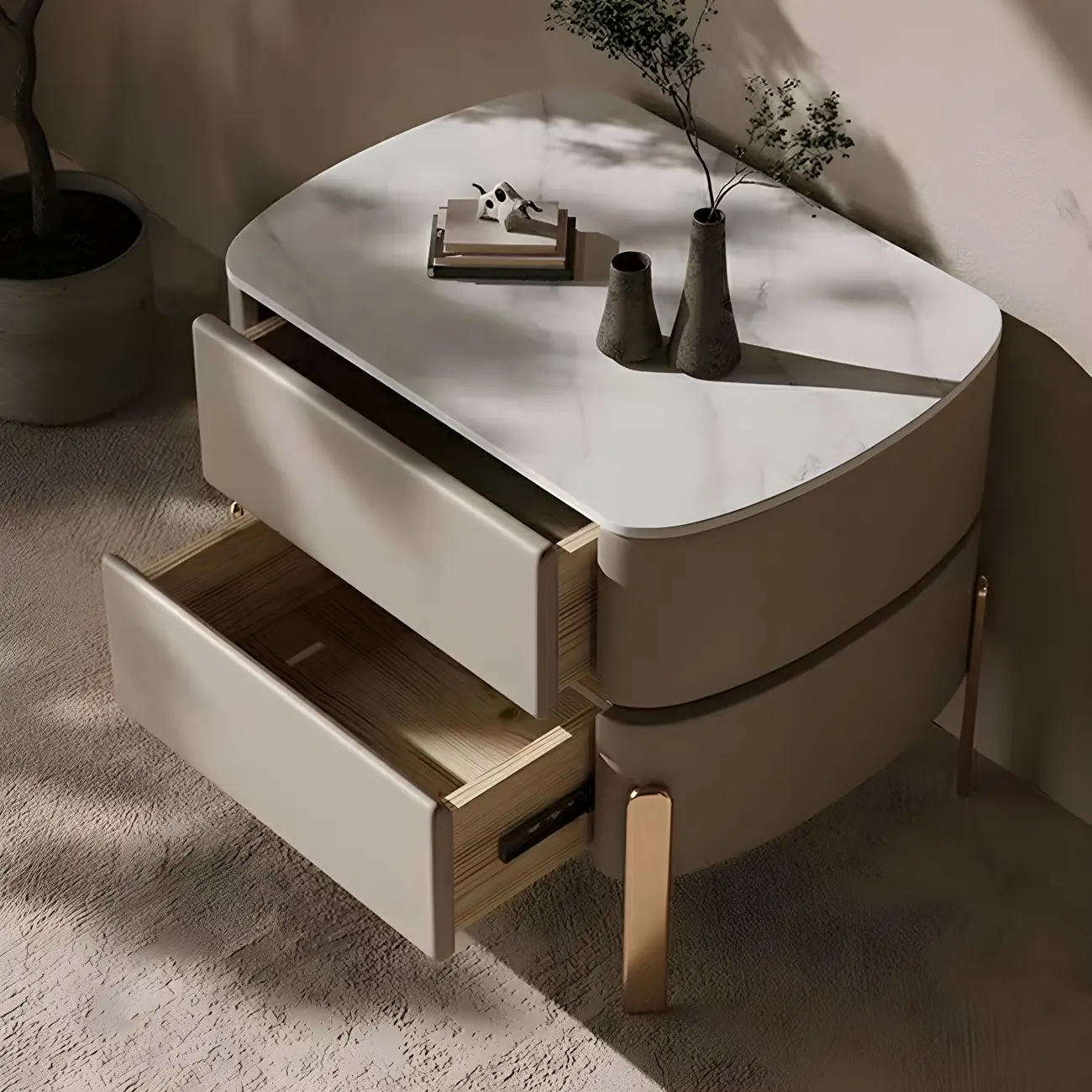 Glam Beige Leather Stone Top 2-Drawer Nightstand