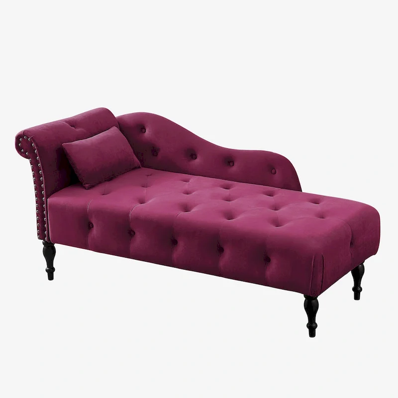 Modern 60.6 Velvet Upholstered Buttons Tufted Chaise Lounge Chair with Solid Wood Legs and Nailheads
