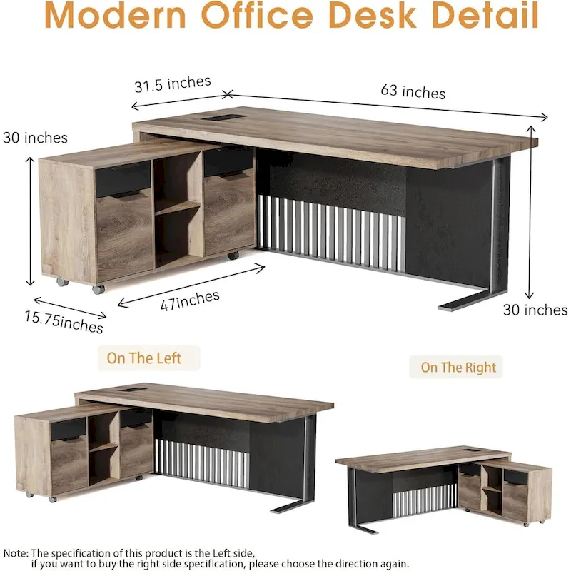 WESOME 63 Inch Executive Office Desk/Modern Home Office Desk with File Cabinet