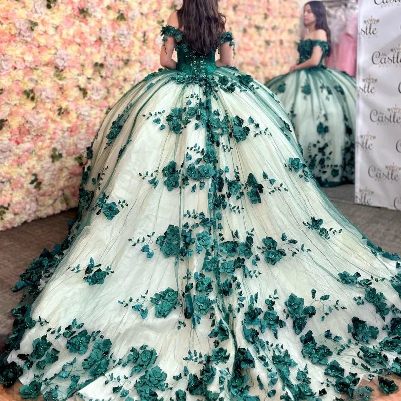 3D Flowers Off Shoulder Tulle Appliques Beaded Quinceanera Dress