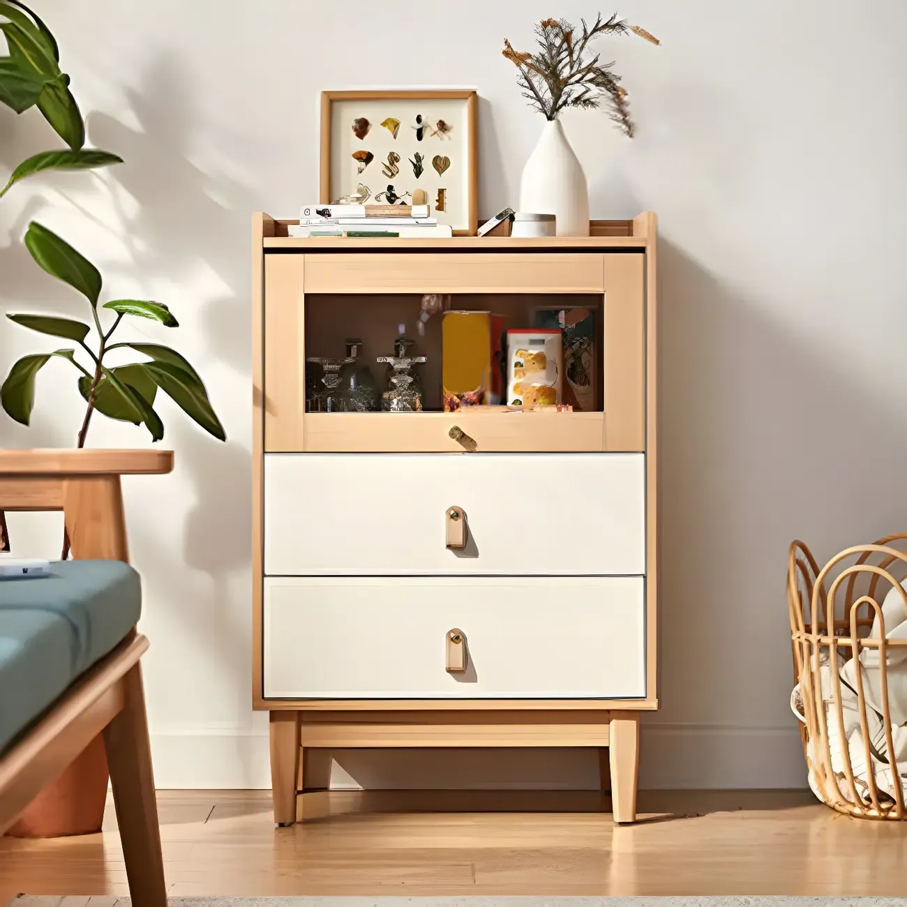 Durable Natural Finish Light Wood and Glass Drawers Dresser