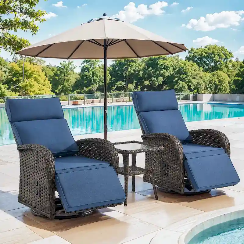 Pocassy 3PCS Versatile Outdoor Recliner Chair with Side Table Blue Cushion