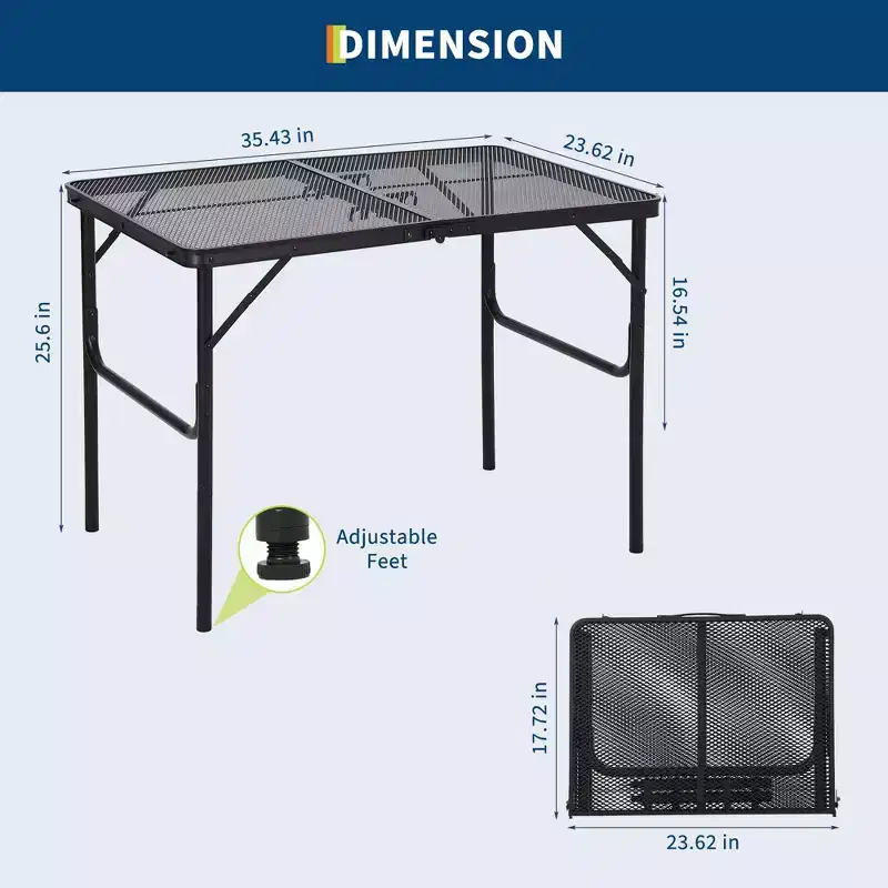 GustoWave 23.62 x 35.43 x 25.6 Folding Grill Table, Portable Camping Table, Height Adjustable, for Outdoor Camping, BBQ, Picnic, Black