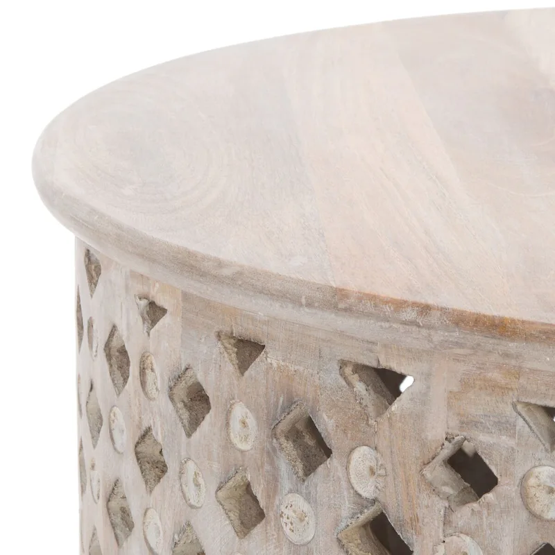 Round Mango Wood Coffee Table with Lattice Base