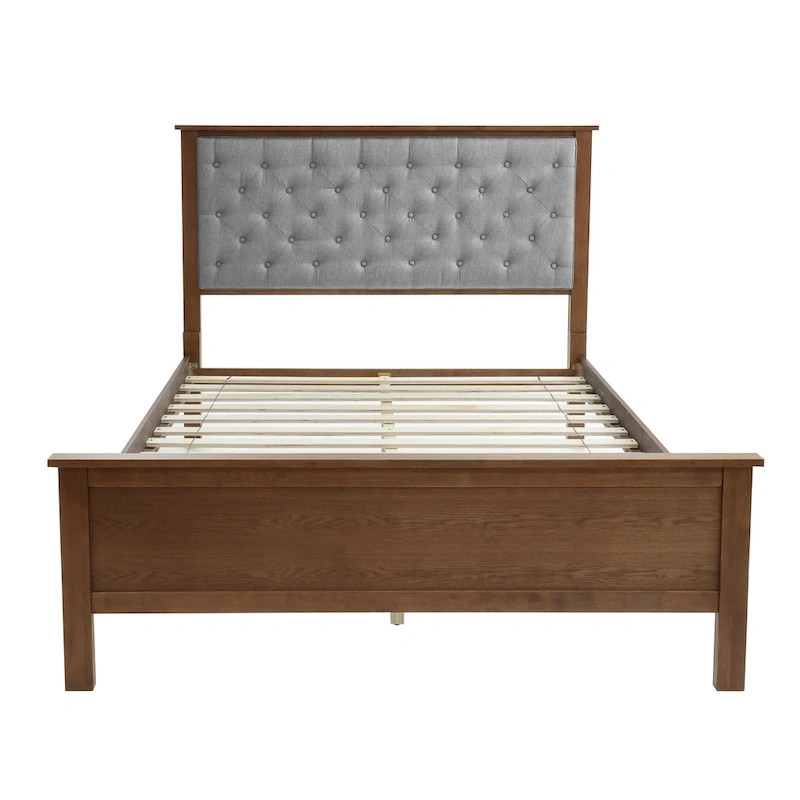 Gray Upholstered Queen Bed Headboard and Wood Footboard Set