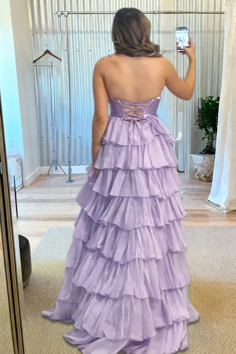 Fuchsia Strapless A Line Chiffon Ruffled Prom Dresses With Cutout
