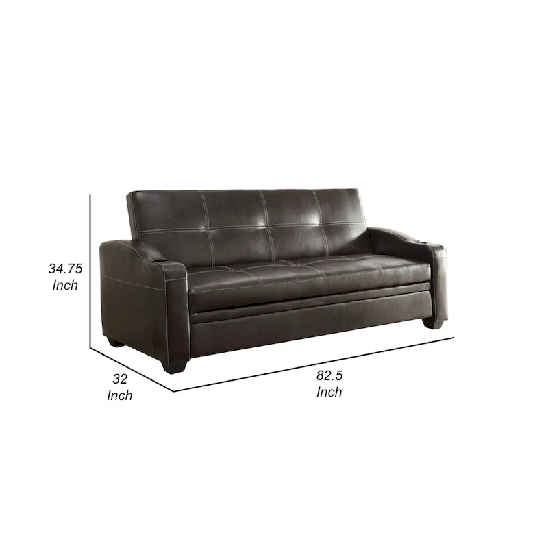 Ferry 83 Inch Lounger Sofa Bed, Tufted Brown Faux Leather, Solid Wood