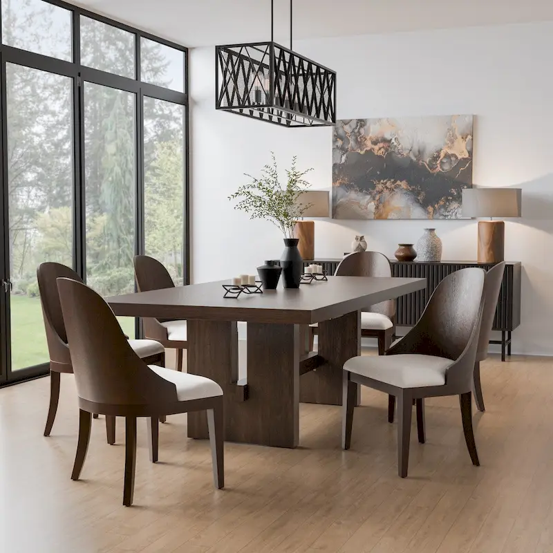 7-Piece Expandable Dining Table Set with Leaf - Solid Wood Trestle Base, 108