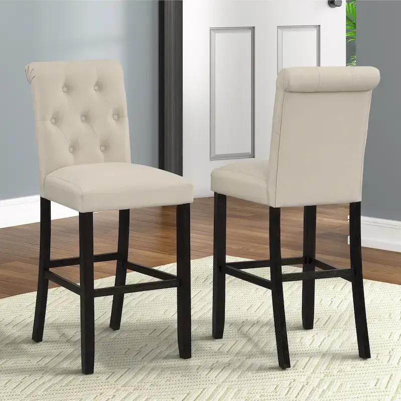 Tufted Upholstered Barstool with Wood Legs, Set of 2 (Tan / Blue / Grey)
