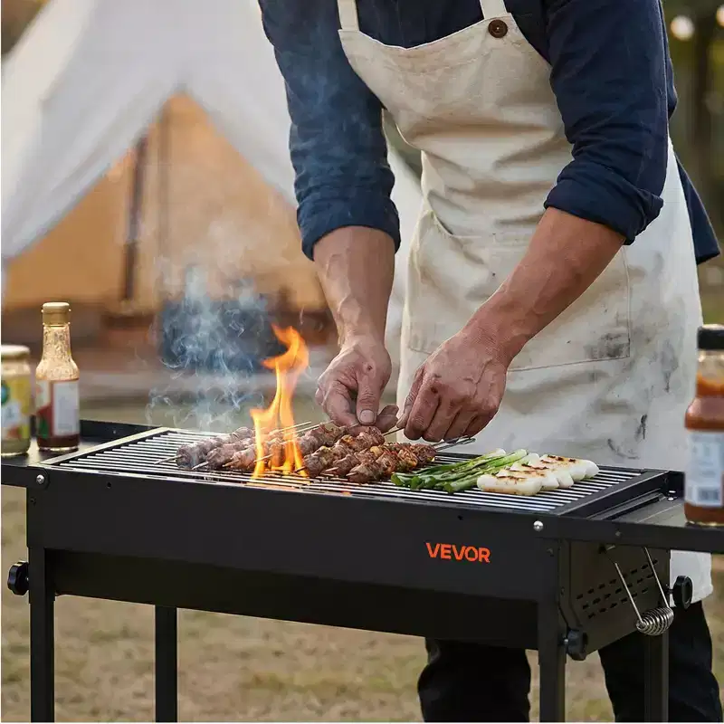 VEVOR Foldable Charcoal Grill, Portable Charcoal Barbecue Grill with Adjustable Height & Folding Side Tables, High-Temp Powder-Coated Steel, Black