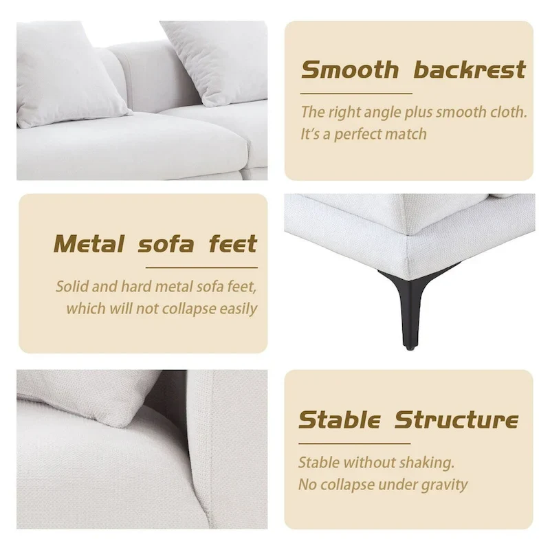 Fabric Sofa with Recessed Arms & Metal Legs – Blue / Beige, Mid-Century Modern, Seats 4