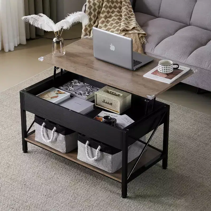 VINGLI 36 Lift Top Coffee Table with Cloth Storage Bins, Farmhouse Coffee Tables for Living Room, Black & Gray