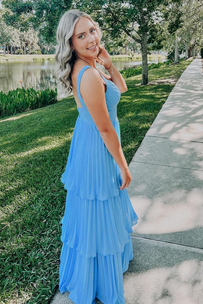 Blue Sweetheart A-Line Chiffon Pleated Long Prom Dresses With Ruffles