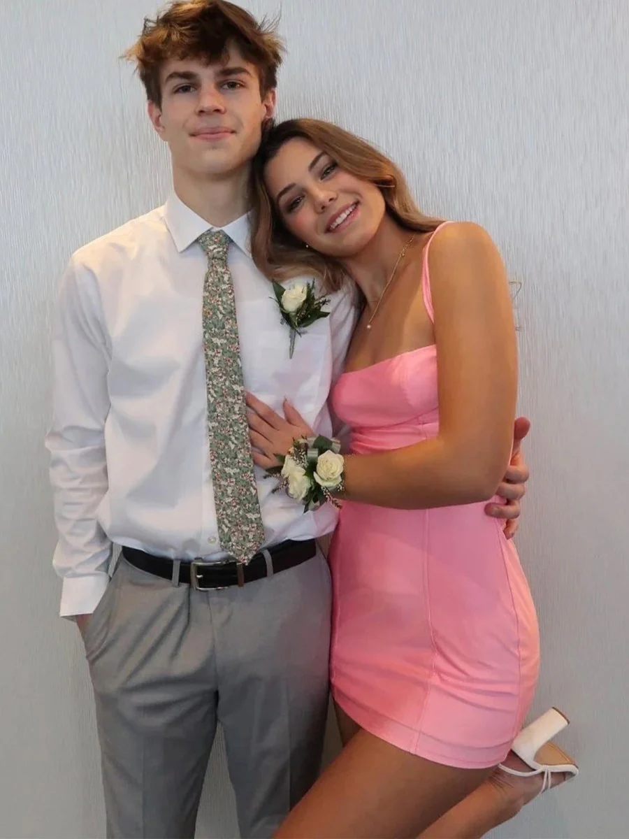 Pink - Spaghetti Straps Bodycon Short Satin Homecoming Dresses