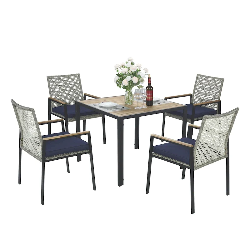 All Weather 5-Piece Patio Dining Table Sets, Patio Conversation Set Acacia Wood Table Top with Umbrella Hole, Rattan Outdoor