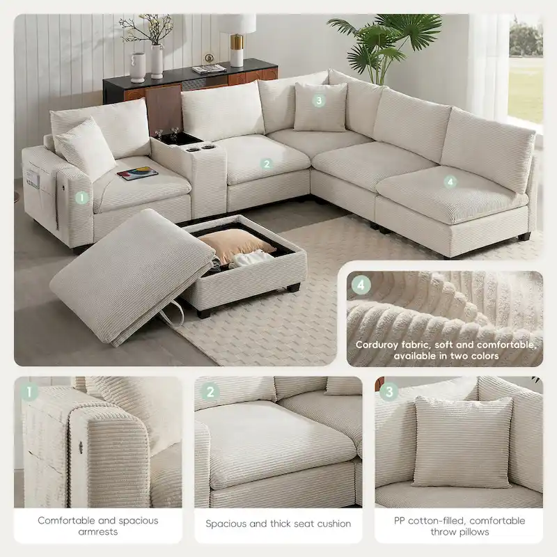 U Shaped Chenille Sofa w/Ottoman,Console,Cup Holder,Wide Seat,USB