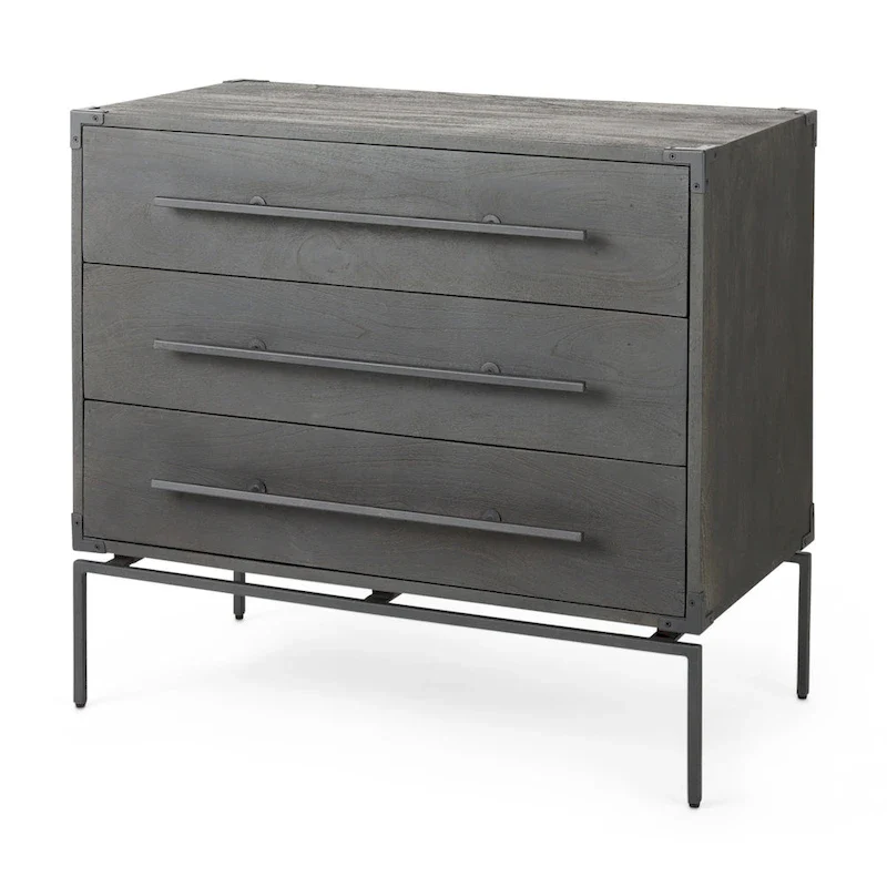 Dark Brown Mango Wood 3-Drawer Accent Cabinet with Black Iron Base, 1-Person Assembly