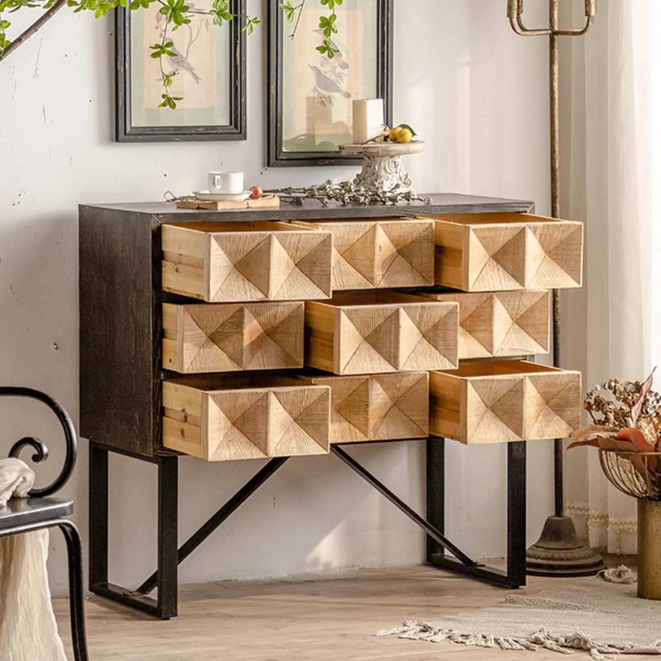 Rustic Wooden Console Table with Drawers and Trims