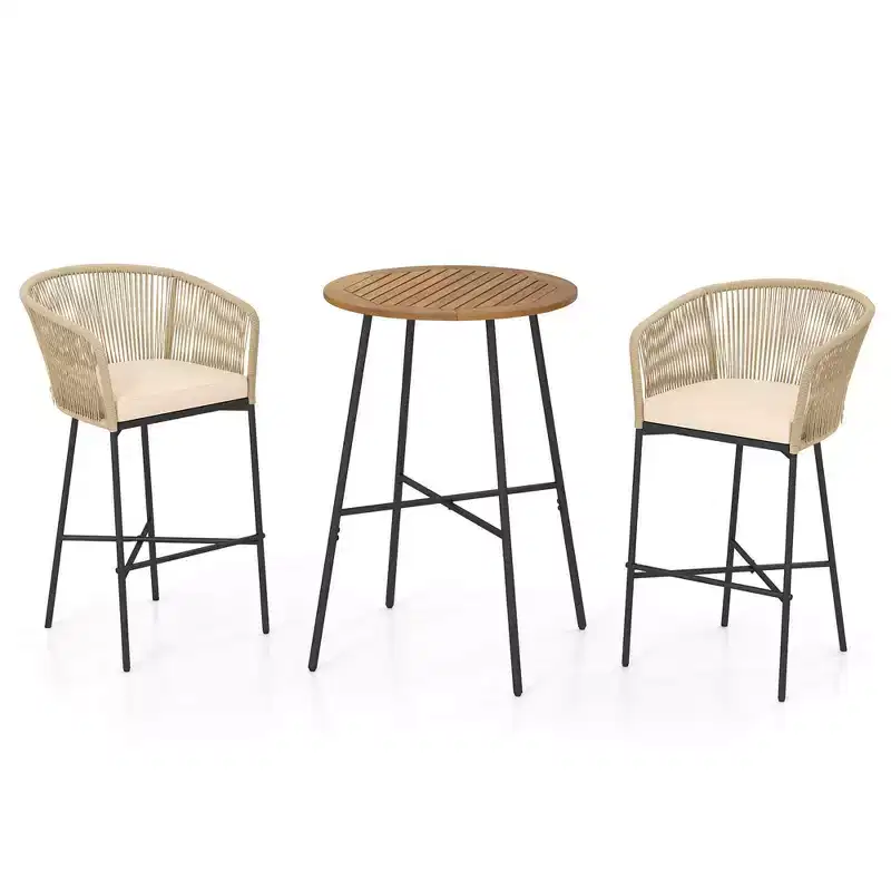 Costway 3 PCS Rope Woven Patio Bar Set with Soft Cushions and Acacia Wood Tabletop