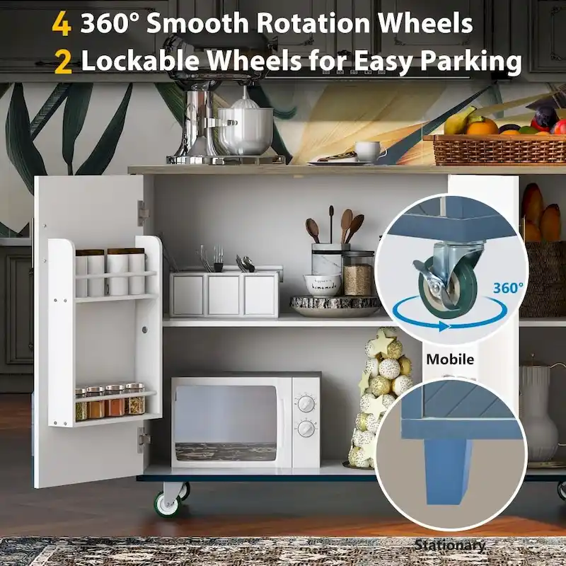Retro MDF Kitchen Island on Wheels with Drop Leaf and Towel Rack