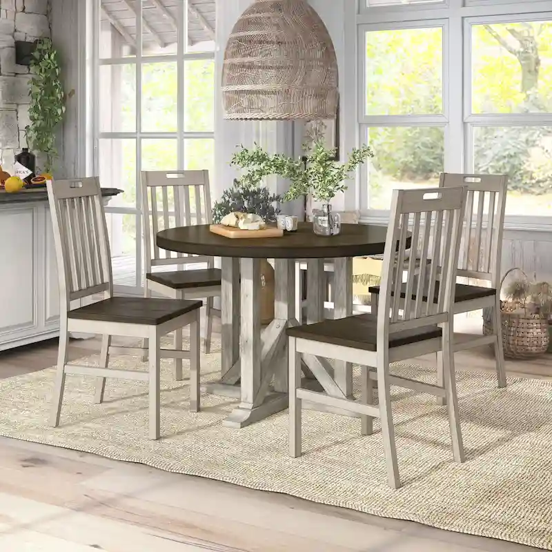 Derry Farmhouse Antique White and Dark Oak Solid Wood 5-Piece Dining Table Set by Furniture of America