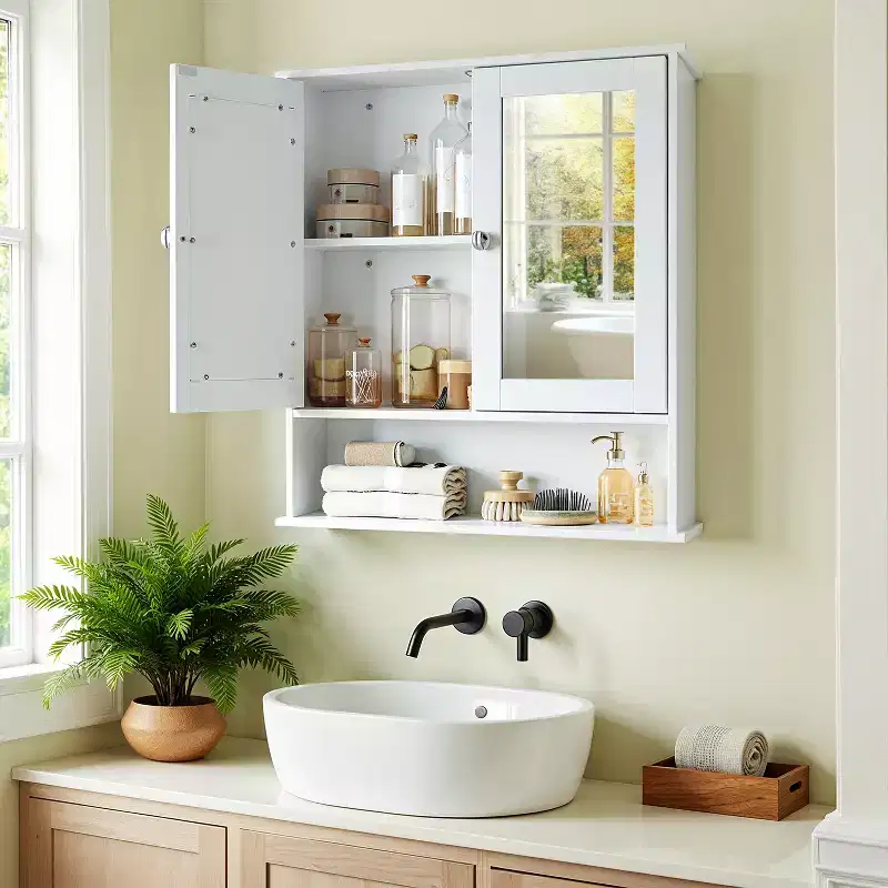 LEDREM Wall-Mounted Bathroom Cabinet, White Wall Cabinet featuring 2 Mirrored Doors, Adjustable Shelf, Open Compartment, 5.9 x 25.6 x 29.5 Inches