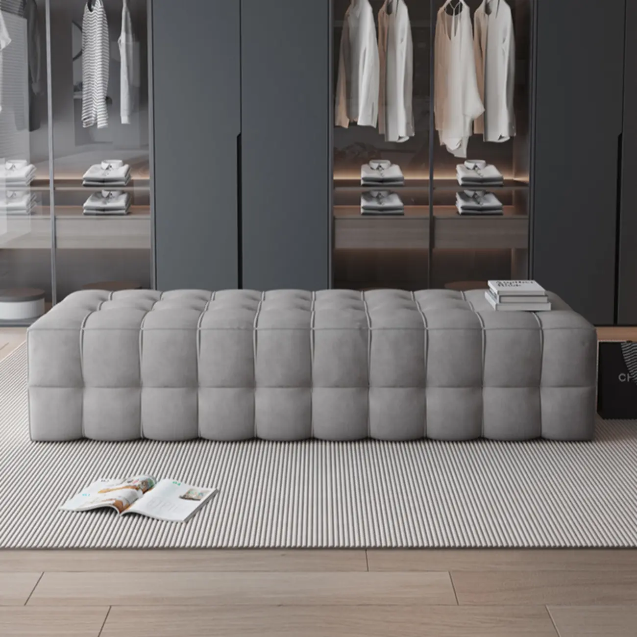 Contemporary Soft Gray Long Upholstered Bedroom Bench