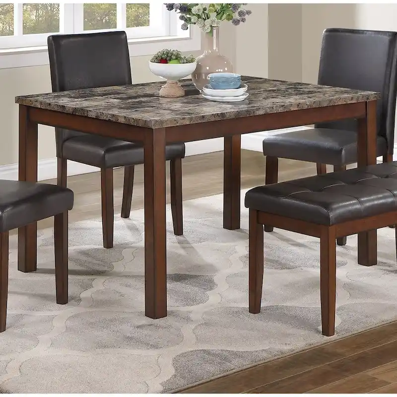 5 Piece Dining Table Set, Kitchen Dinette Set with Faux Marble Top Table, Bench and 3 Faux Leather Cushioned Chairs