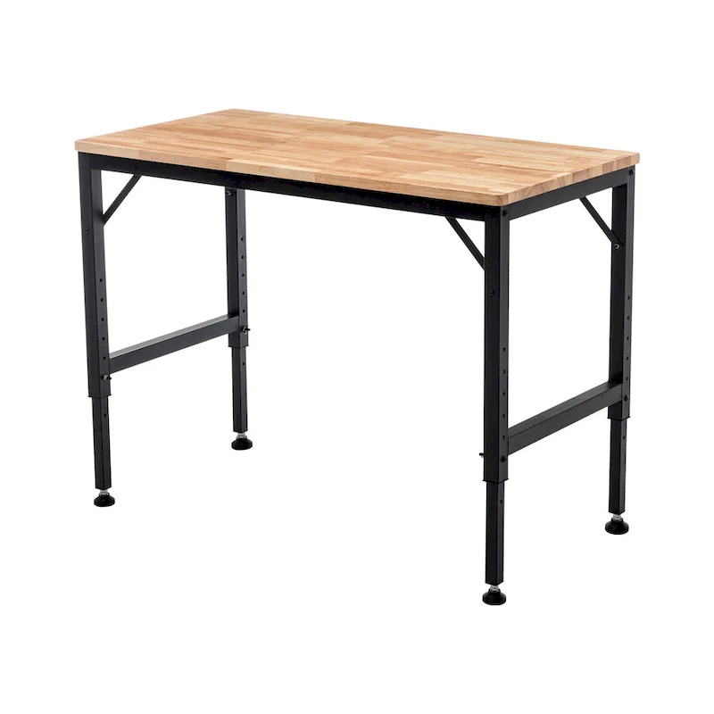 Industrial Workbench Desk with Adjustable Height and Wood Top and 4 Metal Feet for Garage and Workshop or Home Use