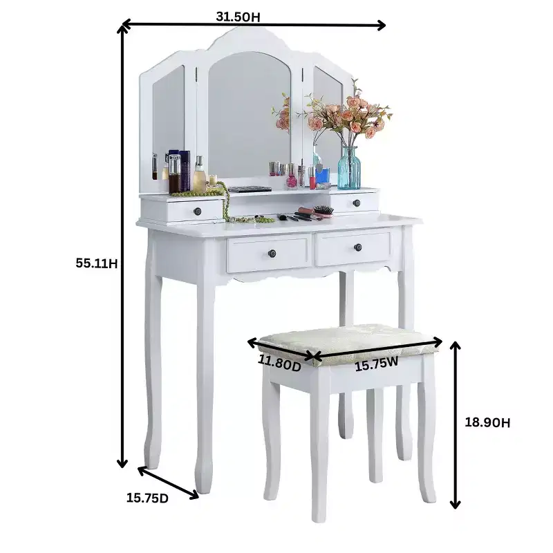Okak Vanity Table and Chair Set, Wooden Makeup Vanity Desk & Stool Set for Bedroom & Living Room, White
