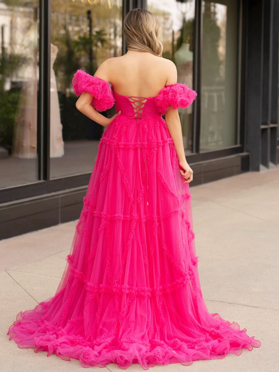 A-Line Strapless Ruffles Long Formal Dress with Puff Sleeves