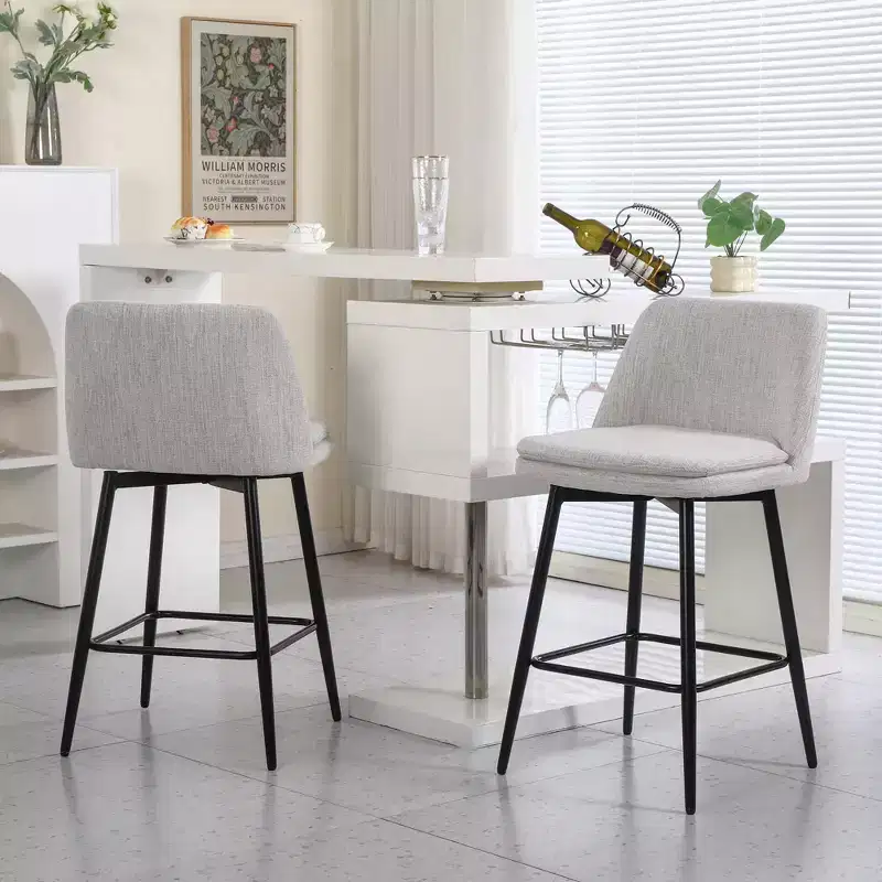 MAYEERTY Set of 2 Counter Height Swivel Bar Stools 360 Swivel Upholstered 25.6in Seat Off White Linen for Kitchen Island Pub