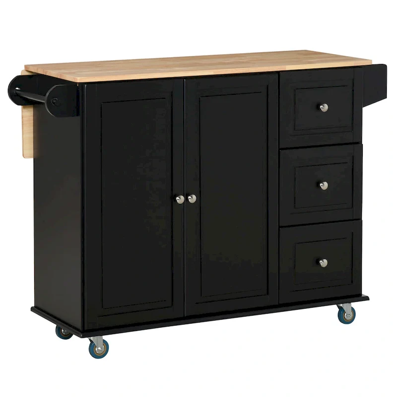 Mobile Kitchen Island with Drop Leaf, Storage Trolley Cart on Wheels, Towel/Spice Rack, 3 Drawers, 2-Door Cabinet