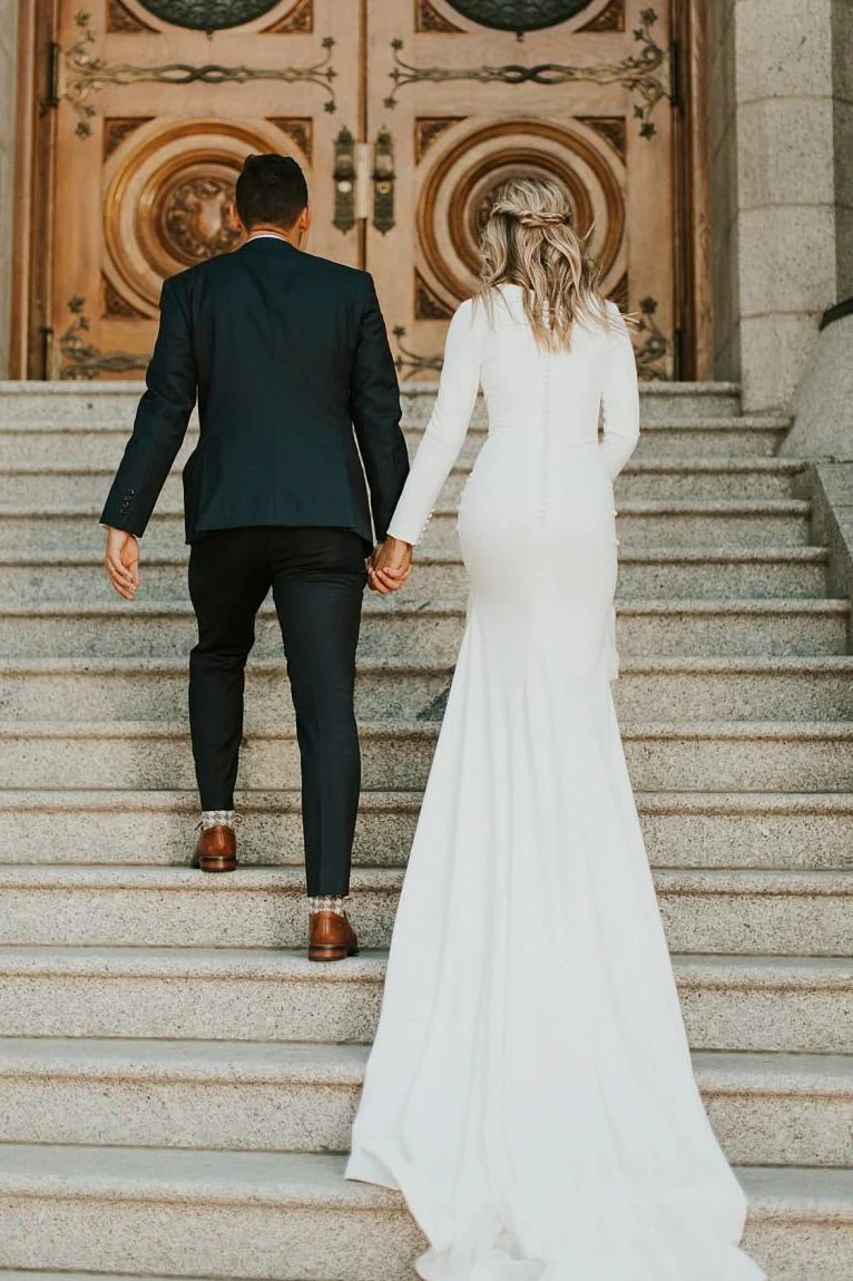 Modest Long Sleeve Satin Wedding Dress With Sweep Train