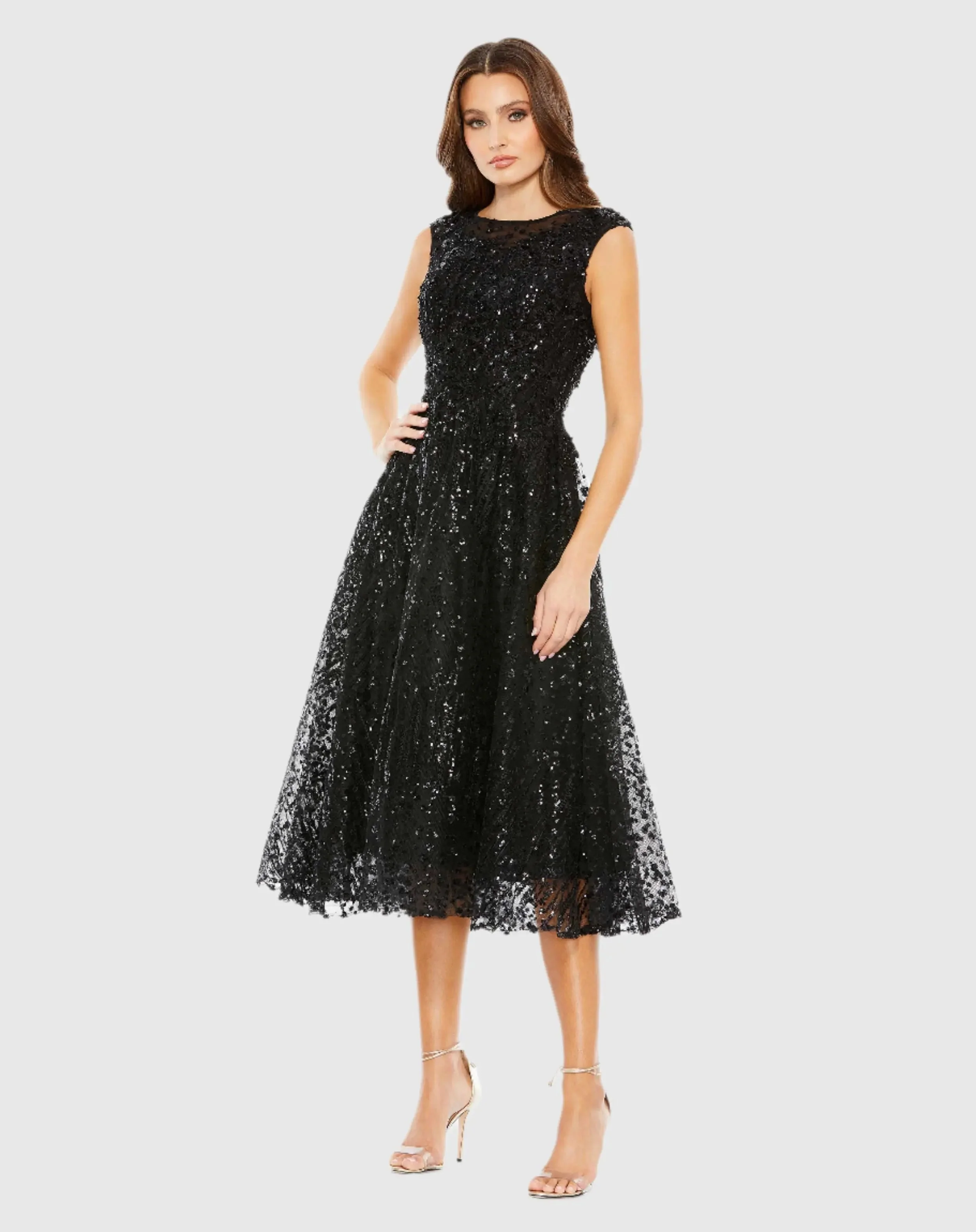 Black Sequined Cap Sleeve Fit and Flare Dress