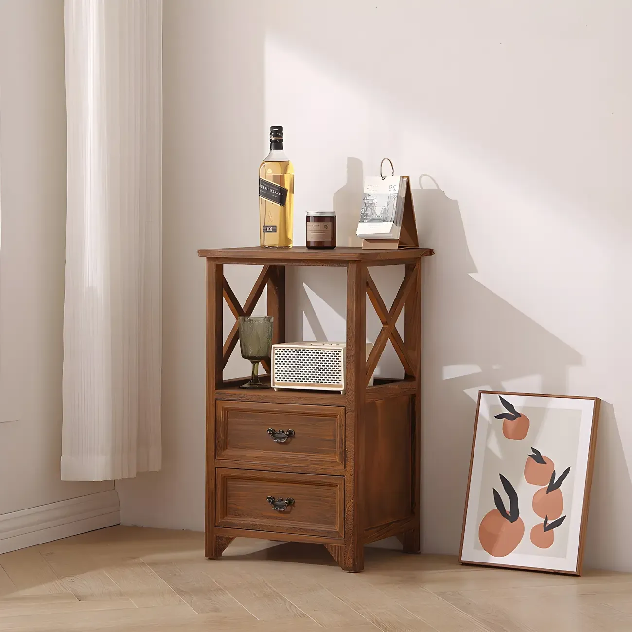 Industrial Rectangular Brown Wooden Drawer Cabinet