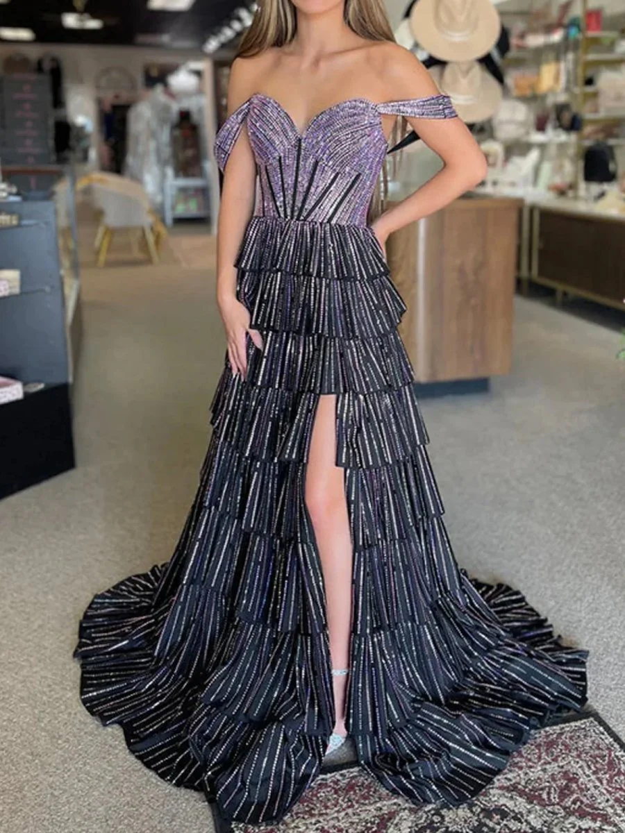 A Line Off-the-Shoulder Satin Tiered Long Prom Dresses With Beads