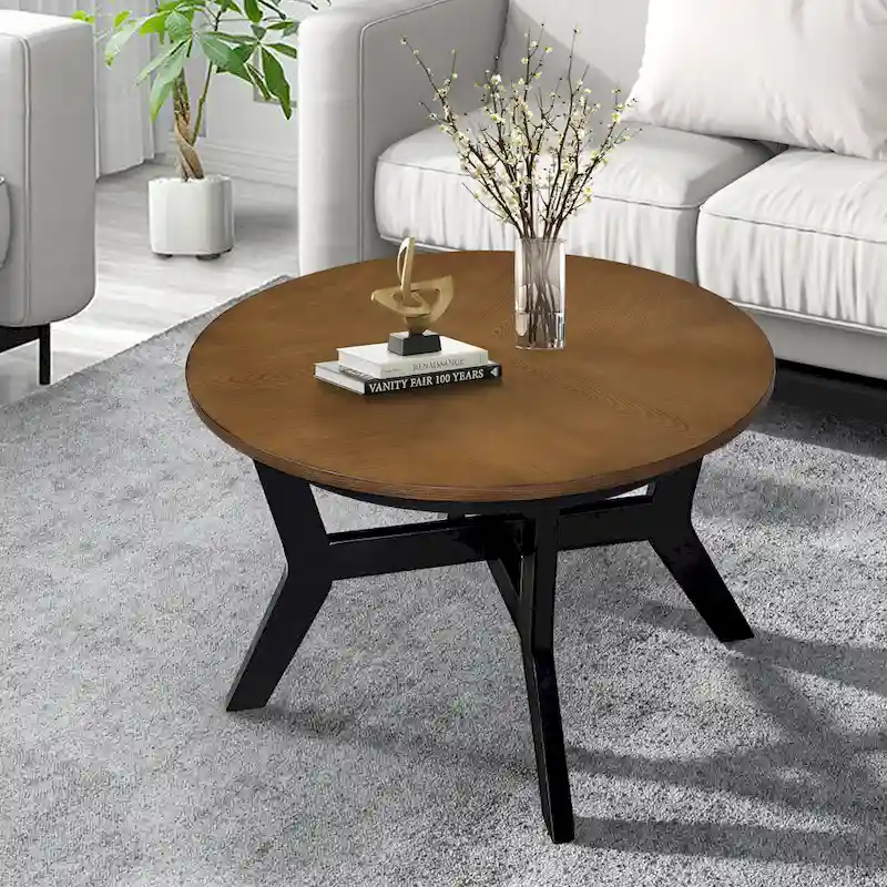 32-Inch Round Wood Coffee Table with 4 Legs